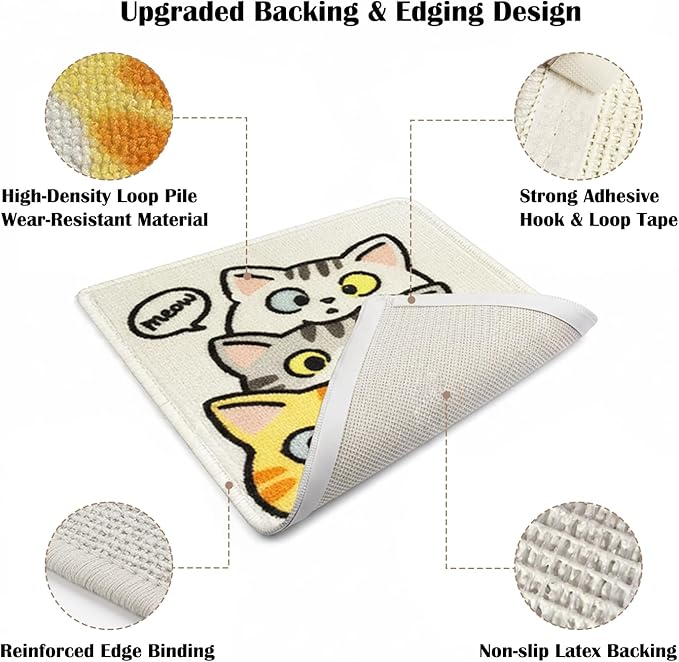 3-in-1 Cat Scratch Mat, 19.69x13.78 Inch High-Density Loop Pile Cat Scratching Pad, Indoor Cat Scratcher Bed & Furniture Protector for Couch Floor Wall