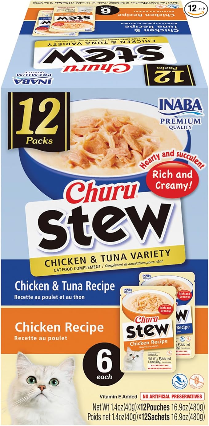 INABA Churu Stew for Cats, Side Dish Pouch with Vitamin E, 1.4 Ounces per Pouch, 12 Pouches, Chicken & Tuna Variety