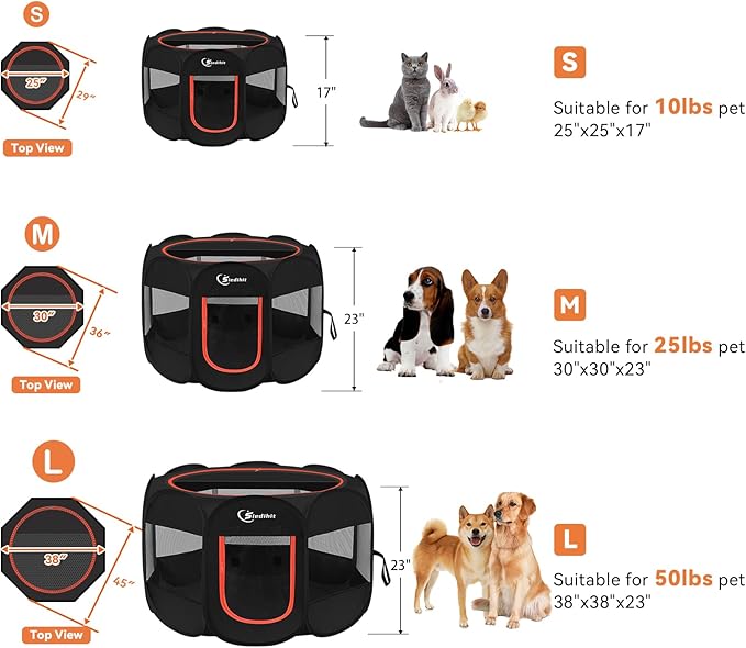 Siedihit Dog Playpen, Large Puppy Pet Playpen, Dog Crate Tent Cage Indoor/Outdoor, Portable Pop Up Dogs Kennel Playpen with Carrying Case for Dogs/Cats/Rabbitss, Black