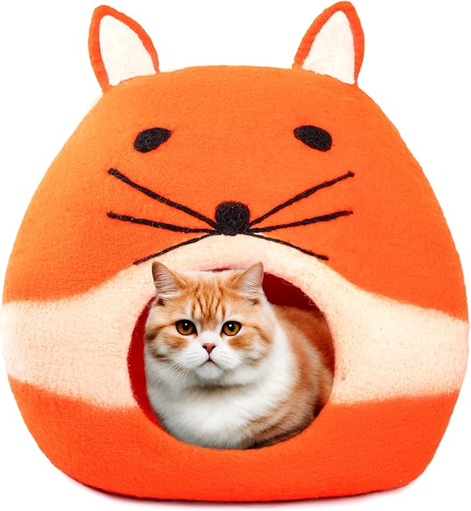 Luxurious Merino Wool Cat Cave - Foldable Hideaway Pod for Indoor Cats - Premium Felt Kitten Pet Enclosure - Covered Cat House for Ultimate Cozy Comfort by Woolygon (Fox)