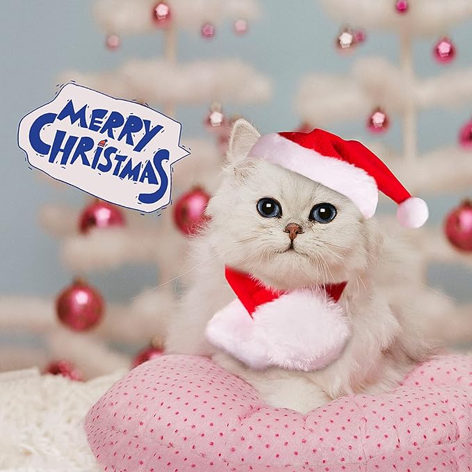 NAMSAN Christmas Cat Hats Costume, Santa Hat with Red Scarf for Cats Small Dogs, Rabbit Christmas Hat Outfit, Small Xmas Apparel for Statue Decoration