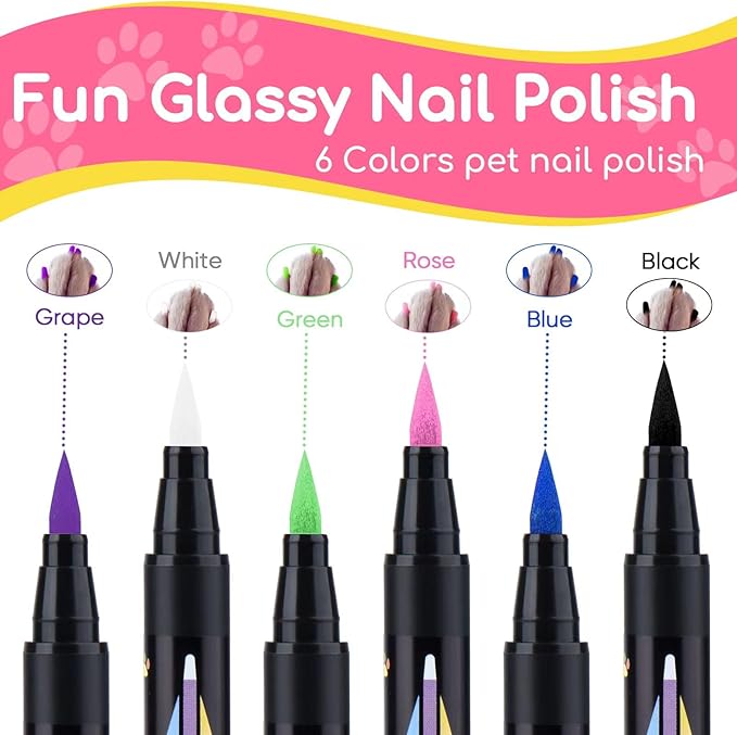 OLINGYOU Dog Nail Polish， Dog Nail Polish Pens Quick Dry-6 Colors, Pet Nail Polish Set for Dogs， DIY Dogs Puppy Nails, Dog Safe Nail Polish Non Toxic, Odorless, Easy to Apply