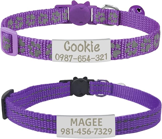 CAMAL 2 Pack Reflective Cat Collar Personalized, Custom Breakaway Cat Collar with Stainless Steel Pet ID Tag, Adjustable Cat Collars with Name and Phone Number for Cat Kitten Puppy