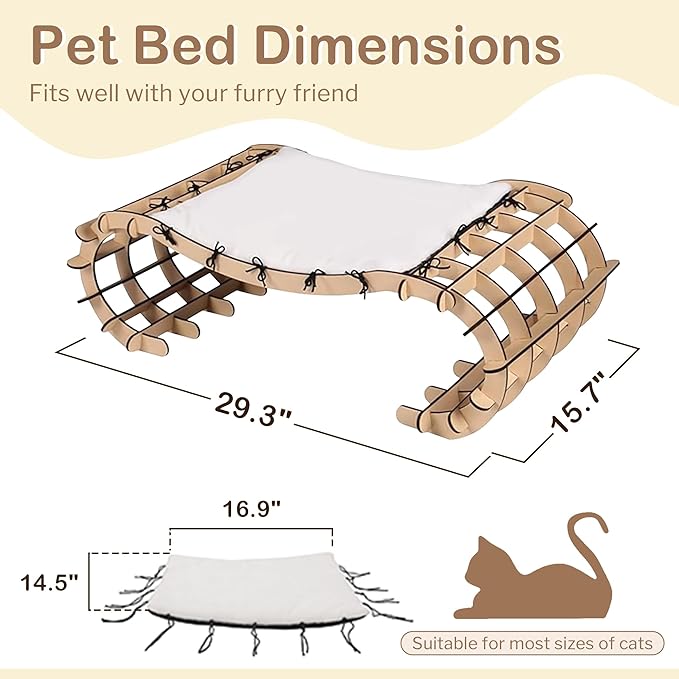 Jerry & Maggie Cat Hammock Bed for Cat Lounger, Wood Cat Beds for Indoor Cats, Cute Kitty House Furniture Toy with Soft Cozy Washable Removable Seat for Sleeping Playing and Lounging