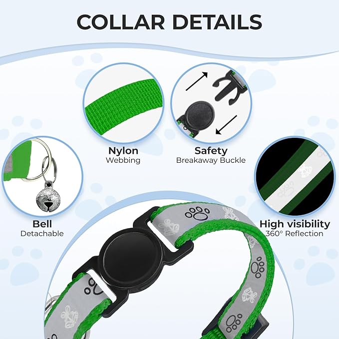 Cat Collar Breakaway, Reflective Kitten Collar with Bell, Safety Buckle Kitten Collar, Lightweight, Adjustable, Comfortable, Suitable for Boy Girl Cats (7"-13") Emerald