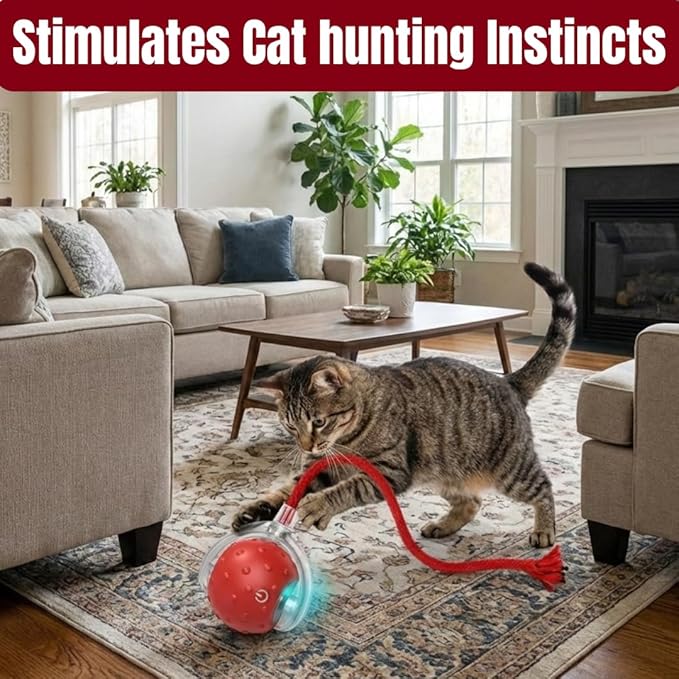Interactive Cat Ball Toy with 3 Working Modes, Automatic 5-Minute Timer, Stimulate cat Hunting Instincts, Wand Teaser for Cats, Rechargeable, Suitable for All Floor (Red)