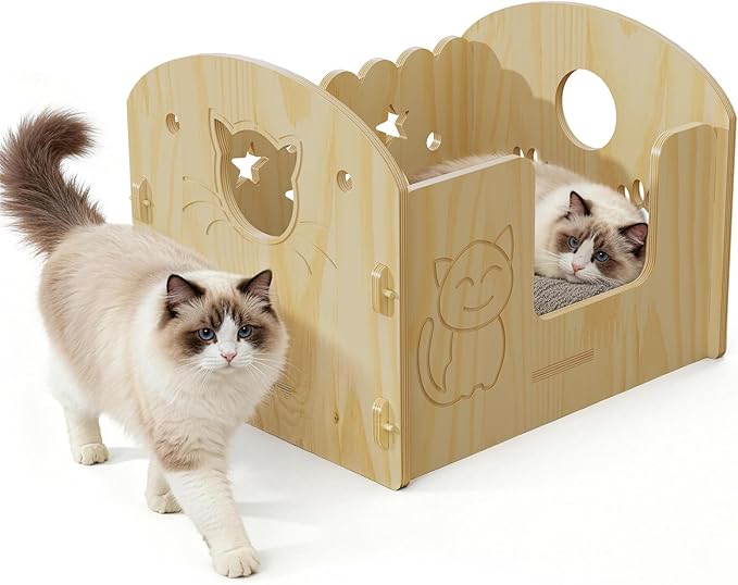 Solid Wooden Semi-Enclosed Cat Bed with Cartoon Carving Craft, Space-Saving for Small Apartments, Studios & Rental Homes, Modern Nordic Cat Furniture for Indoor Cats & Kittens
