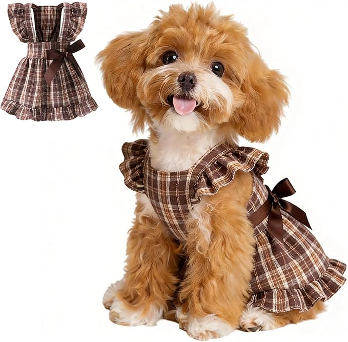 Angrypet Small Dogs Cats Dresses for Pet Spring Ruffle Sleeve Bow Plaid Dress Cute Puppy Outfits Brown Medium