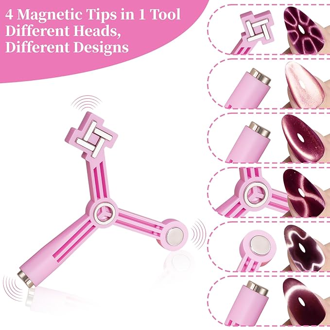 4 in 1 Nail Magnet, Cat Eye Gel Nail Polish Magnet for Nails, Compact Magnetic Nail Tool for French, Star & Cat Eye Designs, Strong Magnet Easy to Control for DIY Home & Nail Salon (HJ-NAT295-Pink)