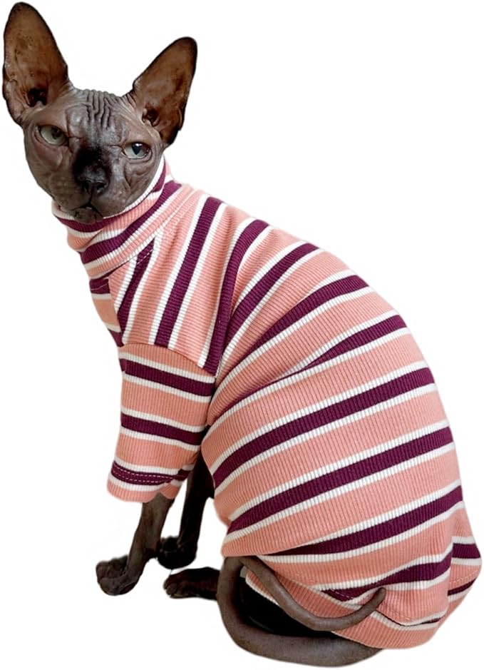 Turtle Neck Vintage Stripes Sphynx Hairless Cat Cotton T-Shirts Pet Clothes Vest Kitten Shirts Sleeveless, Cats & Small Dogs Apparel (Pink, M (5-6.5 lbs))