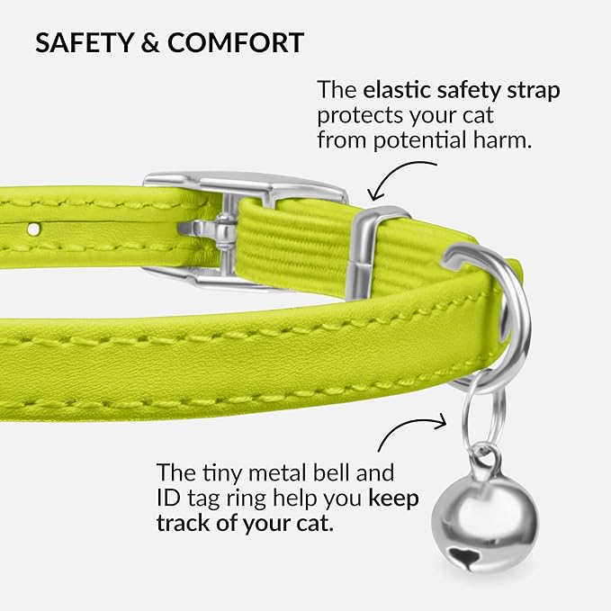 CollarDirect Leather Cat Collar with Removable Bell – Safety Elastic Strap (Breakaway Alternative) – Kitten Collar for Small & Big Boy & Girl Cats
