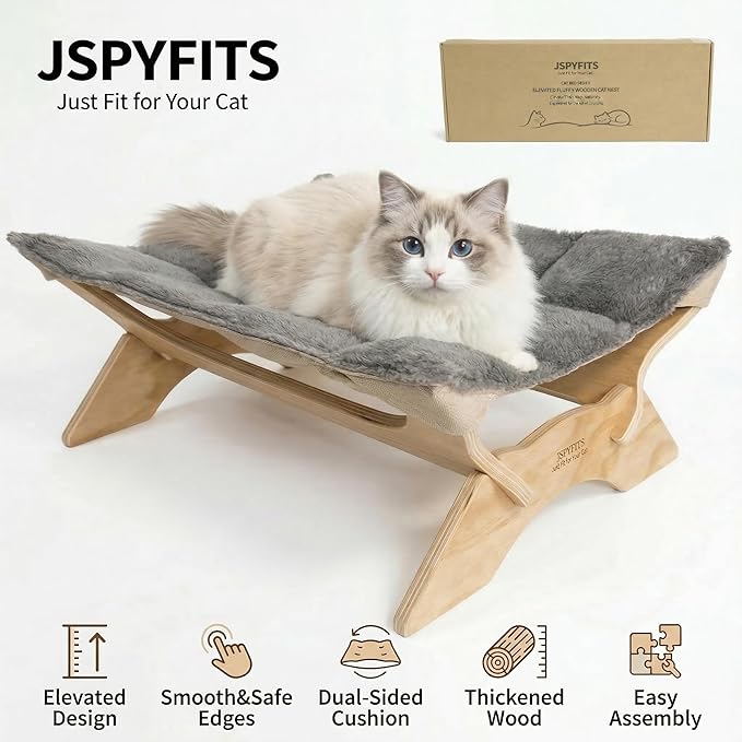 JSPYFITS Elevated Cat Bed Hammock, Raised Orthopedic Dog Bed with Dual-Sided Plush & Linen Cushion, Modern Cat Furniture for Medium to Large Cats, Easy Assembly(Gray)