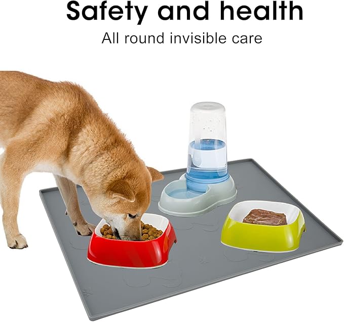 Dog Feeding Mat, Waterproofed Cat Food Mats, Anti Slip Silicone Cat Dog Food Mat for Messy Drinkers to Protect Floors (Gray)