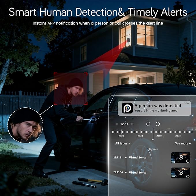 5MP 3K Window Camera, Indoor Camera for Outdoor Monitoring Through Glass, 2.4GHz/5GHz WiFi, Full Night Vision, AI Human Vehicle Detection, No Subscription, 24/7 Recording, Easy Installation