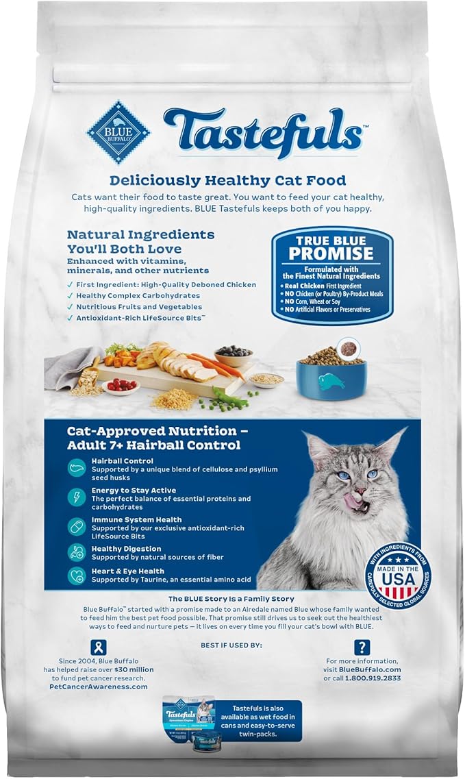 Blue Buffalo Tastefuls Natural Dry Food for Adult Cats 7+,Hairball Control,Chicken & Brown Rice Recipe,7-lb. Bag,(Pack of 2)