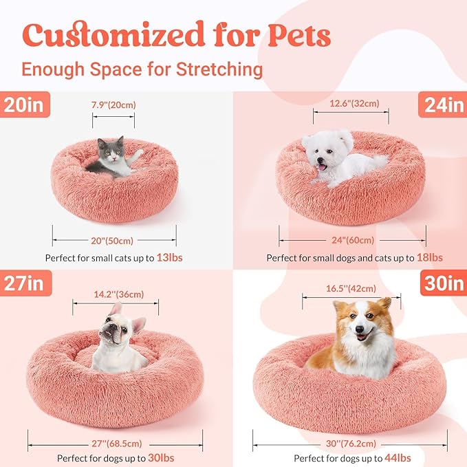 rabbitgoo Dog Bed for Small, 24 inches Machine Washable, Fluffy Donut Pet Bed Anti-Slip, Calming Soft Plush Round Cushion, Fits up to 18 lbs Pets, Pink