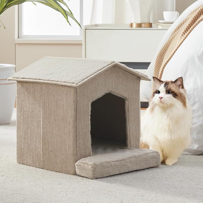 Cat Beds for Indoor Cats,Cat Houses,Cat Cave with Orthopedic Cushion,Foldable Cat Condos,Hideaway,Shelter,Beige Cat Tent for Small Dogs and Rabbit,Squirrel