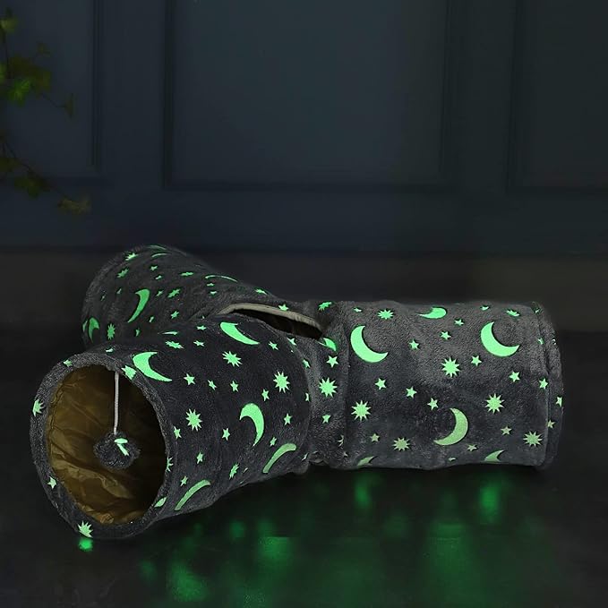 Cat Tube Tunnel with Plush Ball Toys Collapsible Self-Luminous, for Cat Small Pets Bunny Rabbits, Kittens, Ferrets,Puppy and Dogs Grey Moon Star 3 Way