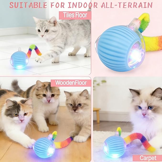 Rechargeable Smart Rolling Cat Ball, Automatic Interactive Cat Toy with 3 Modes, LED Light & 3 Replaceable Accessories, Indoor Cat Exercise Toy for Kittens & Adult Cats, for Boredom Relief Green