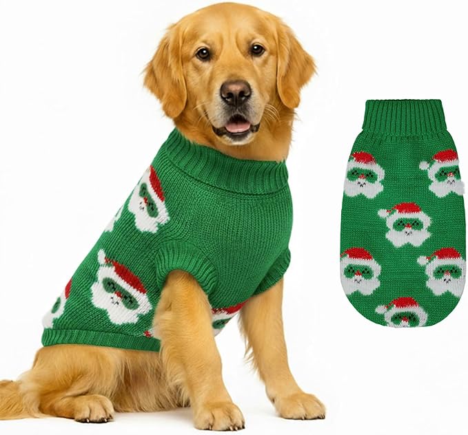 Dog Sweater Knitted for Small to Large Dogs Boy Girl, Classic Turtleneck Dog Christmas Sweaters, Warm & Soft Santa Claus Pet Clothes for Winter (Green, L)