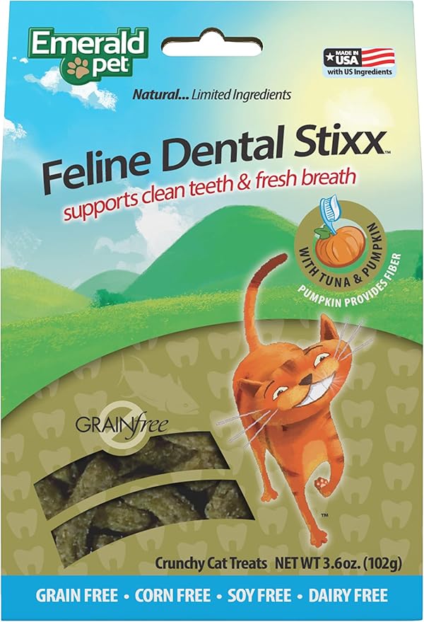 Emerald Pet Grain-Free Tuna Cat Dental Treats – Crunchy Dental Sticks for Cats to Clean Teeth, Reduce Plaque & Tartar, Freshen Breath – Pumpkin for Digestive Health, Natural Cat Chews, 3.6 oz