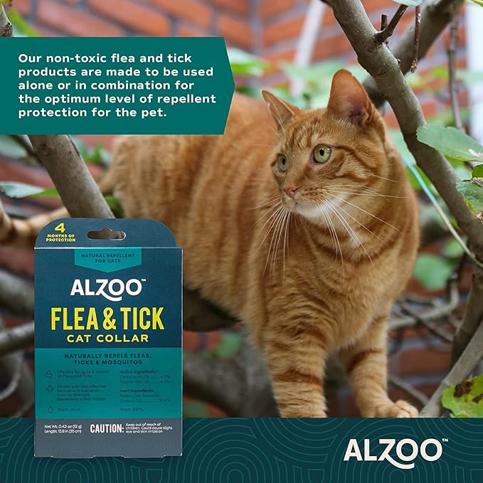 ALZOO Plant Based Flea & Tick Cat Collar, Helps Repel Fleas, Ticks & Mosquitoes, Plant-Based Active Ingredients, Phthalates and PVC Free Up to 4 Months Protection, Single