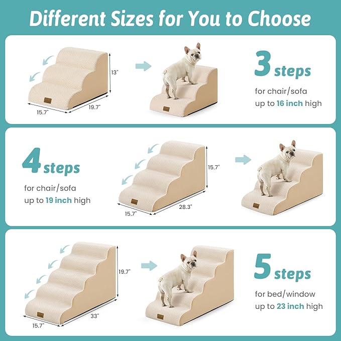 COZY KISS Dog Stairs for Small Dogs 13" H, 3-Step Slope Curved Dog Steps for Couch, Chair or Bed, Sturdy Pet Stairs for Puppy, Older Cat, Cat Ladder with High Density Foam, 15.7x20x13 inch, Beige