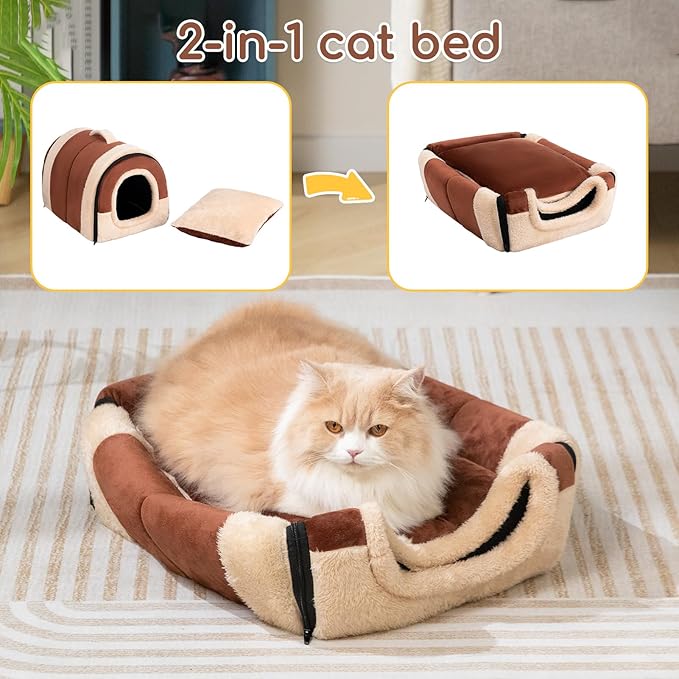 Hollypet Cat Bed Self-Warming 2 in 1 Foldable Kitty Cave Hut House Nest Pet Sleeping Bed, Crystal Velvet Pet Condo for Indoor Cats, Brown Arched Cave