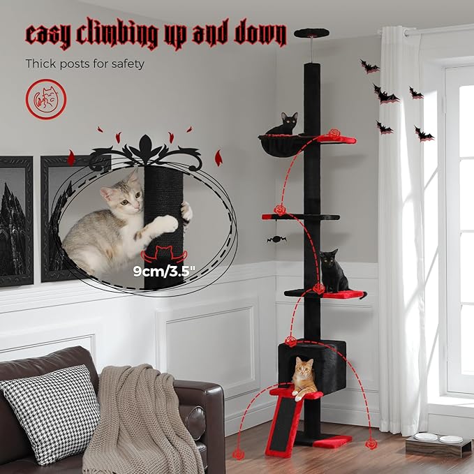 PETEPELA Floor to Ceiling Cat Tree, Gothic Cat Tower 5 Tiers Tall (83-108 Inches) Adjustable Height, Cats Climbing Tree Featuring with Condo, Scratching Post