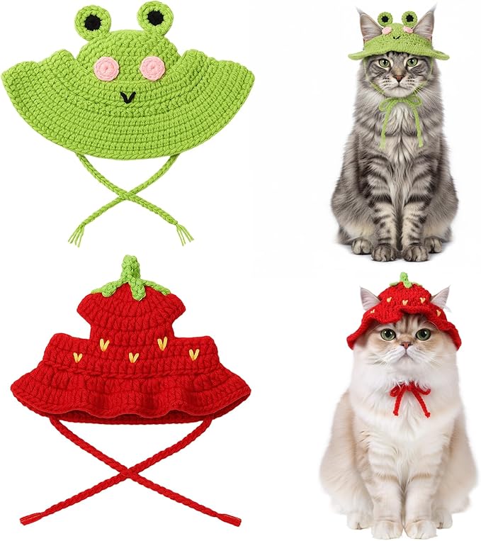 Cat Hats for Cats Only Cute Knit Cat Hat Strawberry Hat with Adjustable Cord Handmade Crochet Cats Clothes Soft Cute Knitted Hats Christmas Party Costume Accessory for Puppy Kitten (Red, Green)