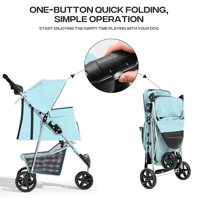 Cat Dog Stroller,3-Wheels Pet Stroller for Medium/Puppy Dogs 30 Lbs, with Storage Basket and Cup Holder, Breathable Mesh Mint