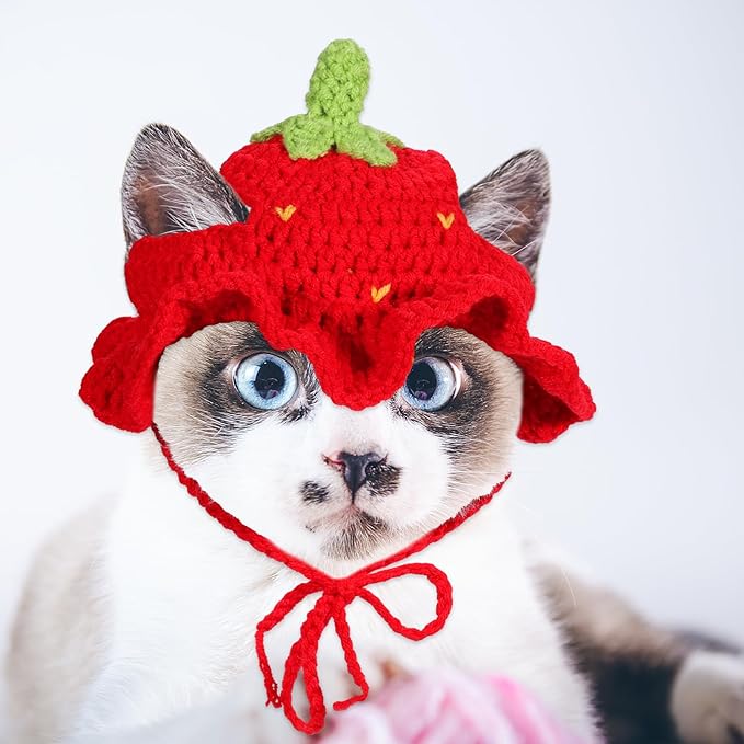 Strawberry Cat Hat, Cartoon Strawberry Design Knit Hat, Cotton & Soft Cute Knitted Hats, Funny Strawberries Dog Costume, Cute Costume Accessory for Puppy, Kitten, Small Animals, with Adjustable Cord