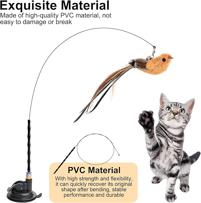 5 Pcs Interactive Cat Feather Toys, Interactive Cat Toys for Indoor Cats, Bird Simulation Cats Feathers Fishing Pole Toy Kit with Suction Base & Replacement Birds for Outdoor Indoor Kitten Playing