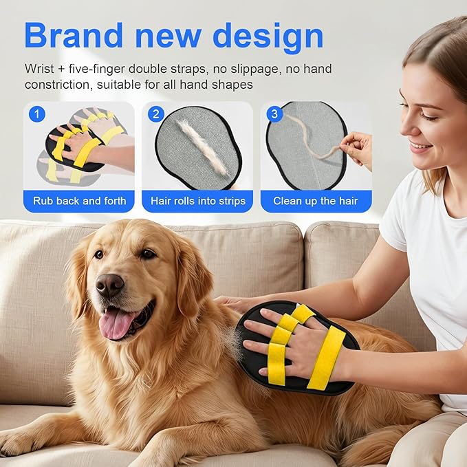 Upgraded Five-Finger Electrostatic Pet Hair Removal Gloves, Reusable Cat & Dog Hair Remover for Couch, Furniture, Carpet, Car Seat, Clothing - Magic Brush Pet Grooming Glove (Yellow)