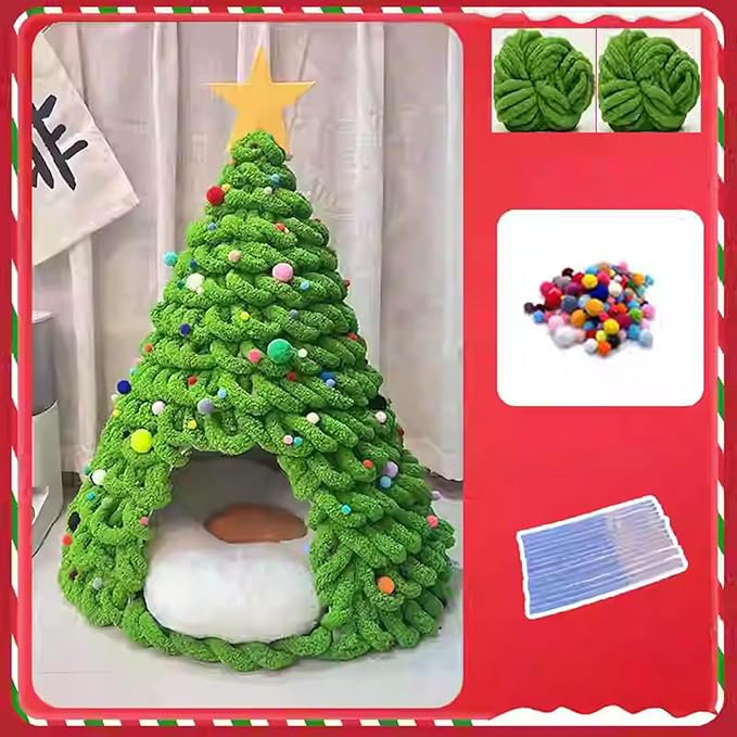 Cat Christmas Tree Bed - Fun Tent Cave House, Kitten Bed Furniture Set with Plush Comfortable Material, and Pet Hideaway for Cats, Dogs, Indoor & Outdoor Use, Family, Friends, Pet Enthusi