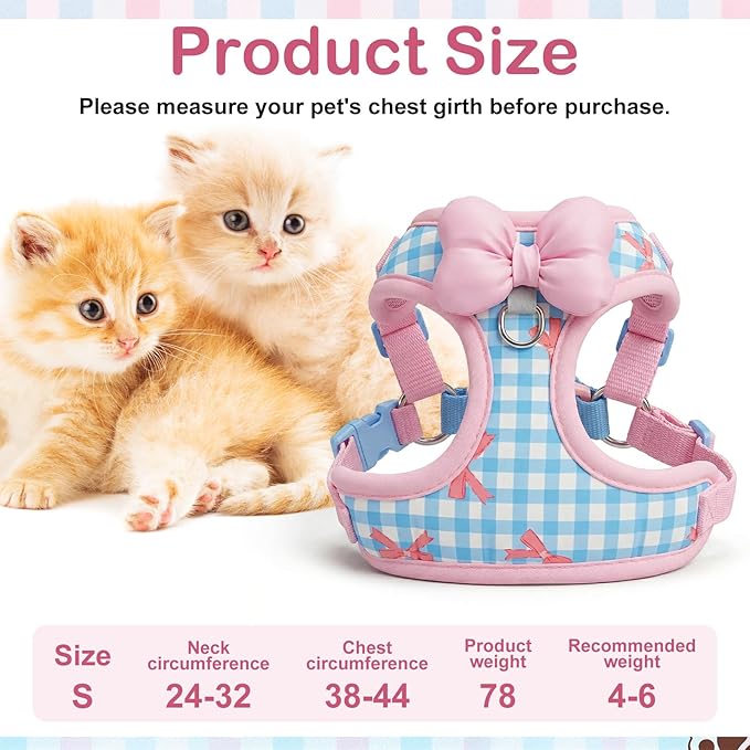 Cat Harness and Leash Set for Walking Escape Proof Adjustable Kitten Harness Soft Comfortable Vest with Bow for Kitty Bunny Walking Traveling Easy to Wear Small Pink