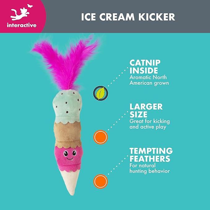 Ice Cream Kicker Catnip Crinkle Feather Soft Plush Cat Toy | Large Kicker Cat Toy for Bunny Kicks, Pouncing & Batting | Interactive Catnip Toy for Active Play