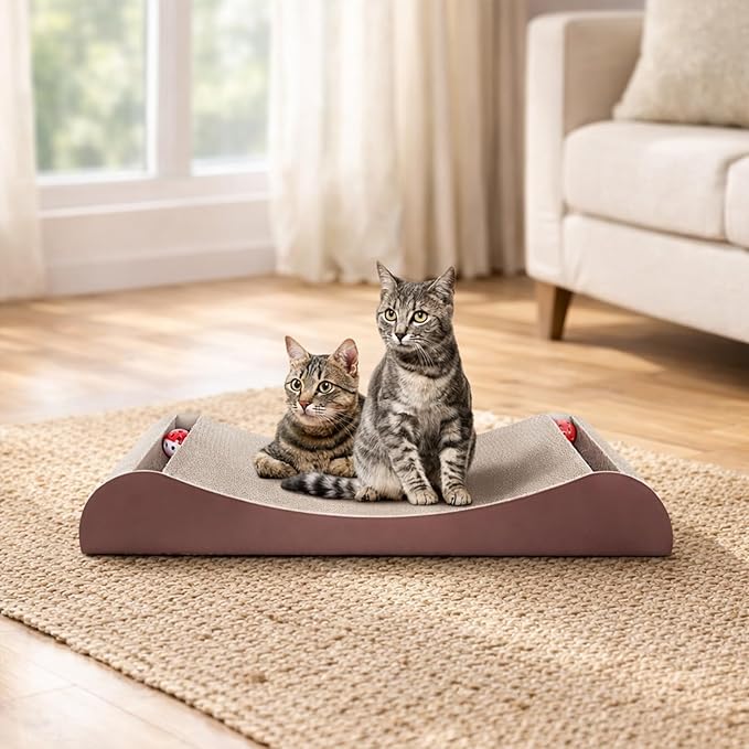 Simple Delxue 30 Inches Extra Large Cardboard Cat Scratcher Bed, Cat Lounge Bed with Bell Ball Toy，100% Recyclable & Reversible Durable Cardboard Scratching Board for Indoor Cats