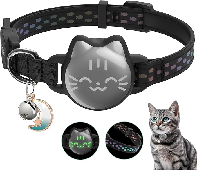 Waterproof Airtag 2nd & 1st Cat Collar, Breakaway Cat Airtag Collar with Luminous & Reflective Fish Pattern, Lightweight Kitten Collars for Apple Air tag, Hidden GPS Tracker Holder for Cats, Kittens