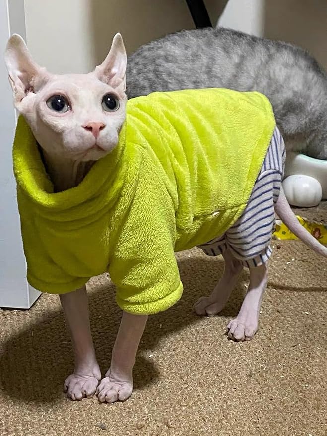 Sphynx Cat Clothes Winter Turtleneck Soft Coral Fleece Cat Clothes Thicken Warm Pajamas Coat for Hairless Cats and Small Cat Apparel with Sleeves (Avocado Green, XL (9.3-12.7lbs)