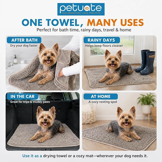 Pet 2-in-1 Dog Towel & Mat – Transforms from Drying to Bath Mat, Ultra Soft, Absorbent & Quick-Drying, Machine Washable Dog Towels with Detachable Non-Slip Mat and Hand Pockets (Small)