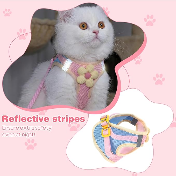 Flower Cat Harness and Leash Set for Walking Escape Proof, 10.2-11.8in Neck Adjustable Kitten Harness and Leash Set Breathable Soft Mesh with Reflective Strap for Kitten Bunny Cat Puppy