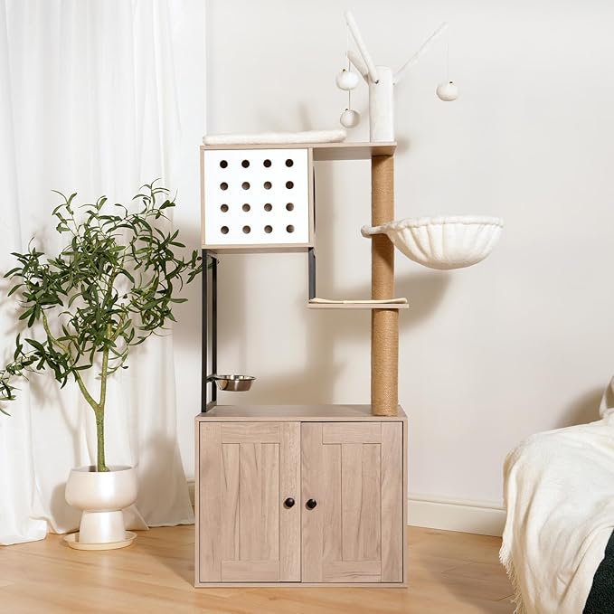 Modern Cat Tree Condo Tower Cat House Washroom Furniture Litter Box Enclosure with Scratching Posts, Hammock, Feeding Bowl & Removable Pompom Sticks, White+Gray (23.60" Lx17.70 Wx63.00 H)