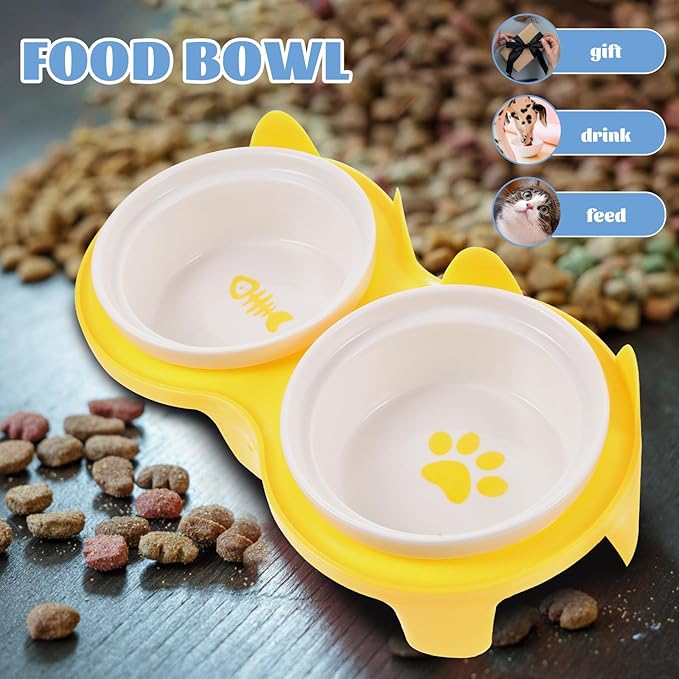 Ceramic Cat Bowls Elevated Double Feeding and Watering Bowls Thickened Yellow Non-Slip Stand for Kittens