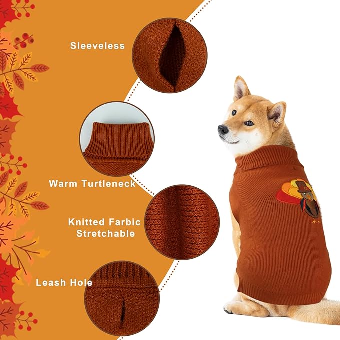DELIFUR Thanksgiving Dog Turkey Sweater - Cat Turtleneck Knitted Sweater with Leash Hole Thanksgiving Outfit for Medium Dog Fall Color (Brown2#, X-Large)