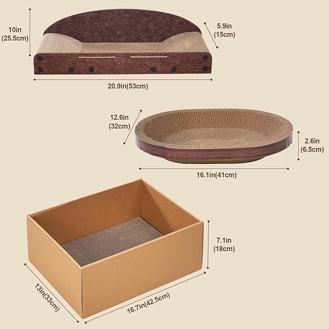 Avont 3-Piece Cardboard Cat Scratcher Set for Indoor Cats, Corrugated Cat Scratchers with Reversible Scratch Pad, Scratch Box and Lounge Bed