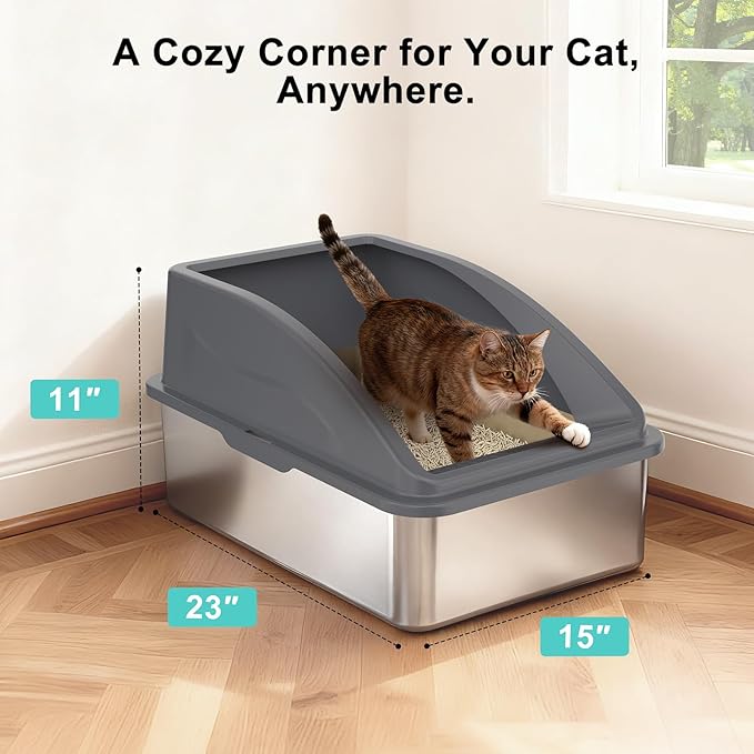 AIPERRO Stainless Steel Litter Box | XL Enclosed Cat Litter Boxs with Lid for Big Cats | High Sided, Anti-Urine Leakage | Non-Stick Bottom & Includes Scoop