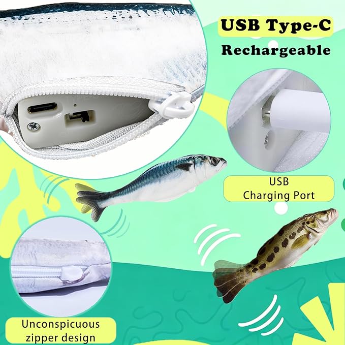 Realistic Floppy Fish Cat Toys, 3 Pack Mini-Sized, Moving Cat Toy Flopping Fish for Indoor Kitten, Sardine/Saury/Bass Interactive Cat Toys, Touch Activated, Rechargeable.