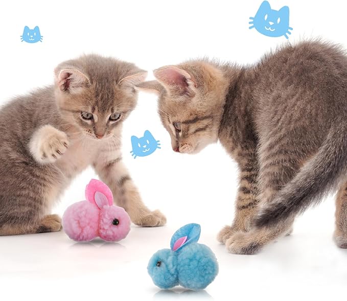 10Pcs Cat Toy Balls, Cute Bunny Shape Pompom Ball 5.5Cm/2.16In Soft Kitten Puff Toys for Pet Indoor Cat Play Training Fetching
