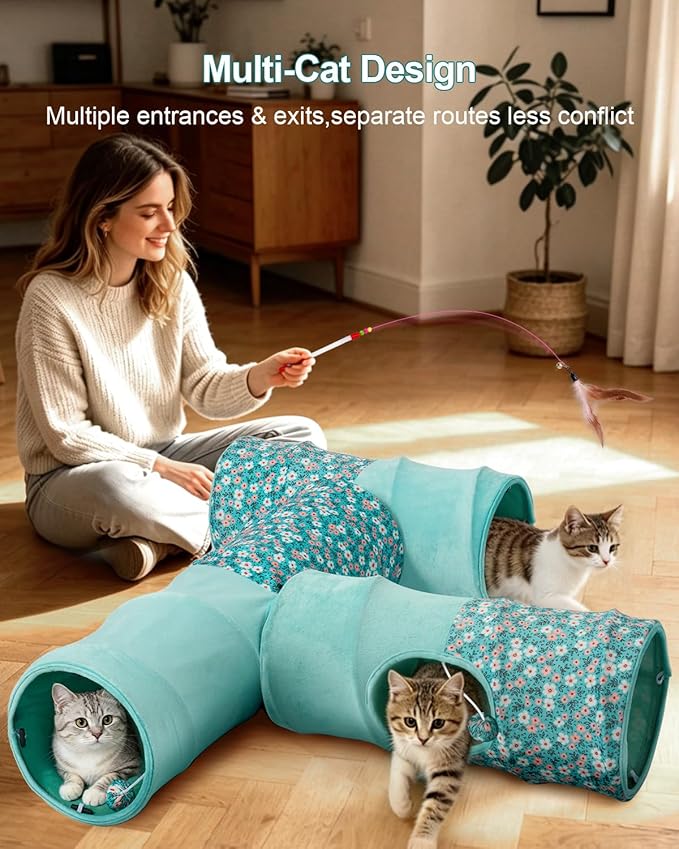 Cat Tunnel, 3 Straight Shaped Tunnels 6 DIY Shapes with Wand Toys, No Noise Scratch Resistant Cool Linen Fabric, Interactive Pet Tunnel Tube for Indoor Cats, Puppy and Rabbits